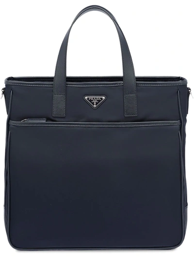 Shop Prada Logo Plaque Tote Bag In Blue