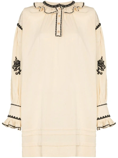 Shop Isabel Marant Étoile Ruby Embroidered Mini Dress In Neutrals