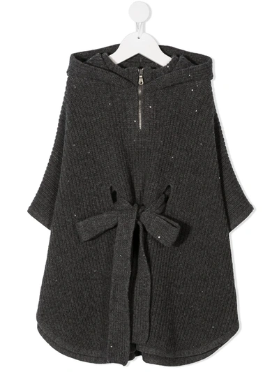 Shop Brunello Cucinelli Belted Knitted Poncho In Grey