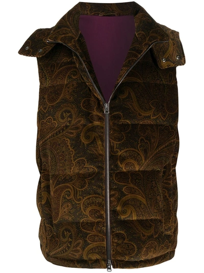 Shop Etro Padded Paisley Print Gilet In Brown
