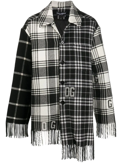 Shop Dolce & Gabbana Panelled Fringed Checked Coat In Black