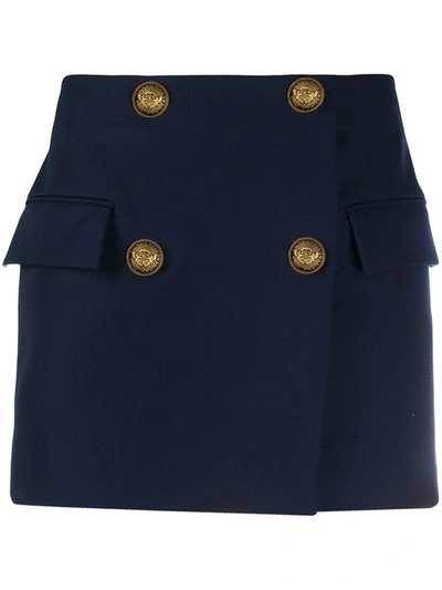 Shop Balmain Double-breasted Wool Mini-skirt In Blue
