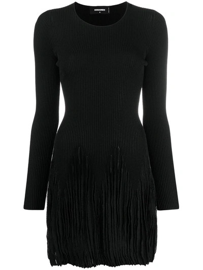 Shop Dsquared2 Ribbed Pleated Long-sleeve Dress In Black