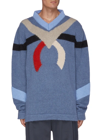 Shop Kiko Kostadinov 'nolan' Abstract Intarsia Sweater In Blue