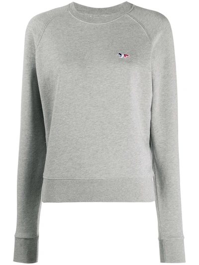 Shop Maison Kitsuné Embroidered Logo Crew Neck Sweatshirt In Grey