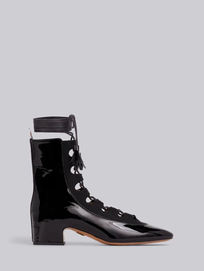 Shop Thom Browne Black Patent Calfskin Ghillie Block Heel Boot