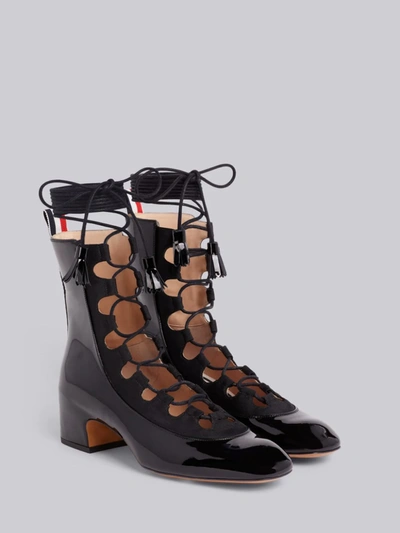 Shop Thom Browne Black Patent Calfskin Ghillie Block Heel Boot