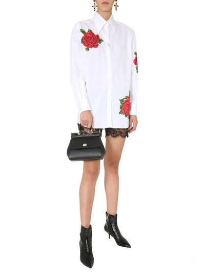 Shop Dolce & Gabbana Hand Embroidered Roses Shirt In Bianco