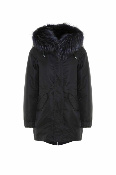 Shop Mr & Mrs Italy New York Light Parka Midi For Woman With Raccoon Fur In Black / Midnight Blue / Midnight Blue