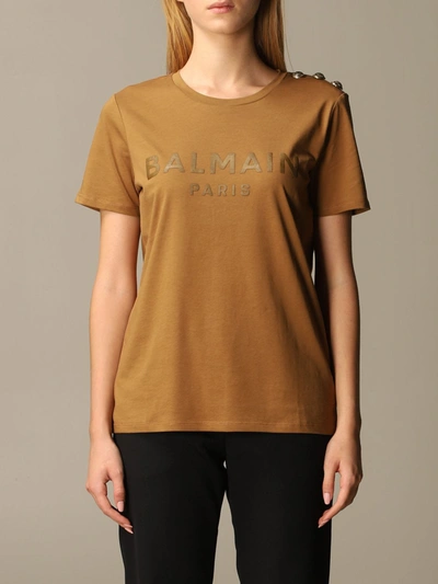 Shop Balmain T-shirt With Logo And Jewel Buttons In Brown