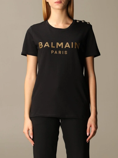 Shop Balmain T-shirt With Logo And Jewel Buttons In Black