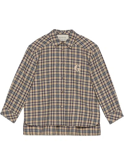 Shop Gucci Petit Check Embroidered Shirt In Neutrals