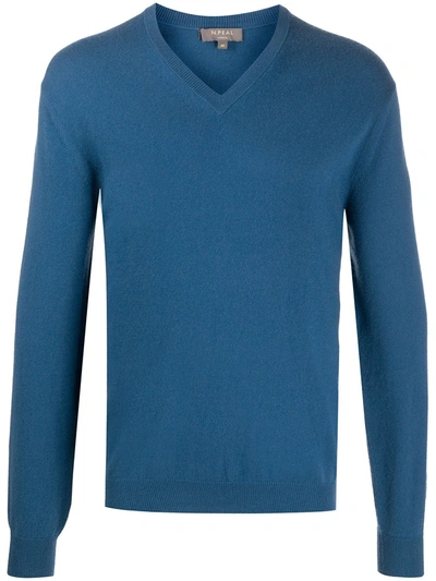 Shop N•peal V-neck Ribbed Knit Jumper In Blue