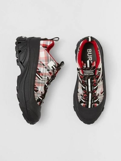 Shop Burberry Tartan Nylon Arthur Sneakers In Red/black/white