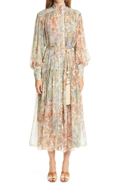 Shop Zimmermann Lucky Bound Long Bishop Sleeve Silk Dress In Mixed Jacobean