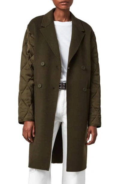 Shop Allsaints Florence Quilted Sleeve Double Breasted Wool Coat In Khaki Green