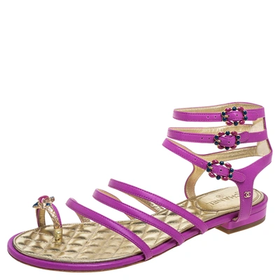 Pre-owned Chanel Purple Leather Embellished Toe Ring Gladiator Flat Sandals Size 38