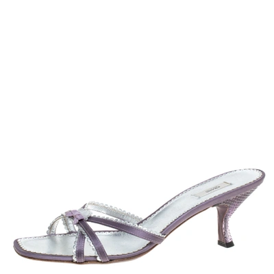 Pre-owned Prada Purple/silver Leather Scallop Detail Bow Lucite Heel Slide Sandals Size 39