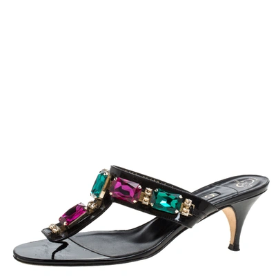 Pre-owned Gina Black Leather Crystal Embellished Slide Sandals Size 39