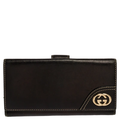 Pre-owned Gucci Black Leather Interlocking G Flap Continental Wallet