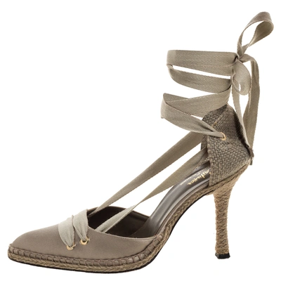 Pre-owned Manolo Blahnik Castaner By  Beige Satin And Canvas Espadrille Ankle Tie Pumps Size 39