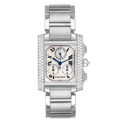 Pre-owned Cartier White Diamonds 18k White Gold Tank Francaise Chrongraph 2367 Men's Wristwatch 36 X 28 Mm