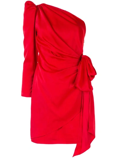 Shop Aidan Mattox Bow-side One-shoulder Mini Dress In Red