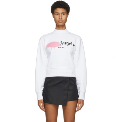 Shop Palm Angels White 'miami' Sprayed Logo Sweatshirt In White/pink