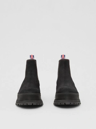 Shop Burberry Topstitched Suede Chelsea Boots In Black/red/white