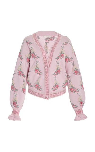 Shop Loveshackfancy Boscom Floral Jacquard-knit Cardigan In Pink