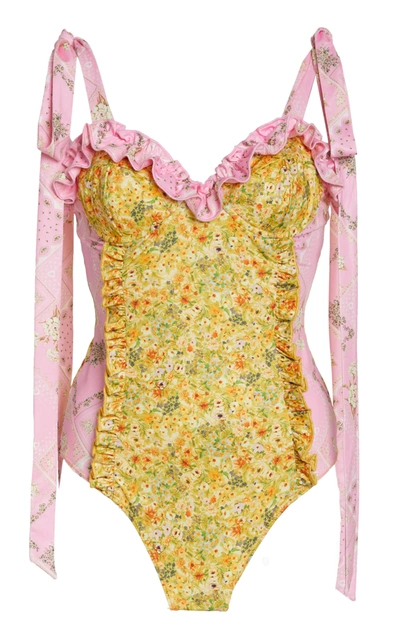 Shop Loveshackfancy Maelie Floral Paneled One-piece Swimsuit In Pink