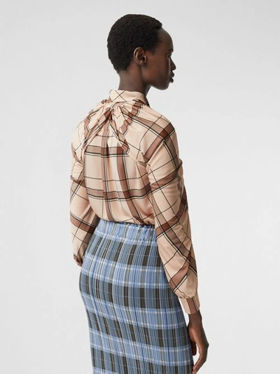 Shop Burberry Check Draped Tie-neck Shirt In Blush Pink