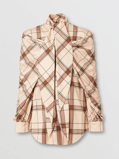 Shop Burberry Check Draped Tie-neck Shirt In Blush Pink