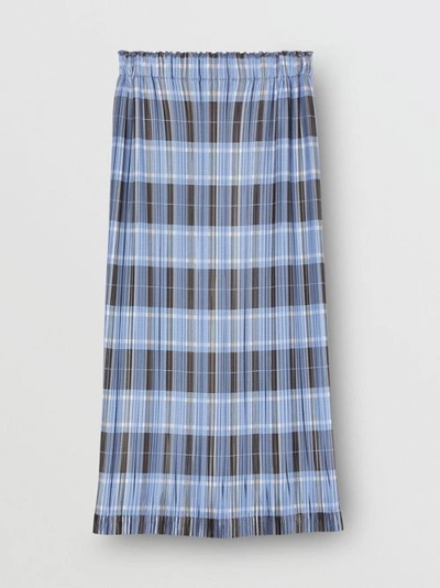 Shop Burberry Check Plissé Skirt In Pale Blue