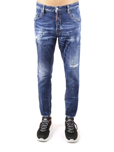 Shop Dsquared2 Skinny Fit Jeans In Distressed Denim With Dean & Dan Embroidery In Blue