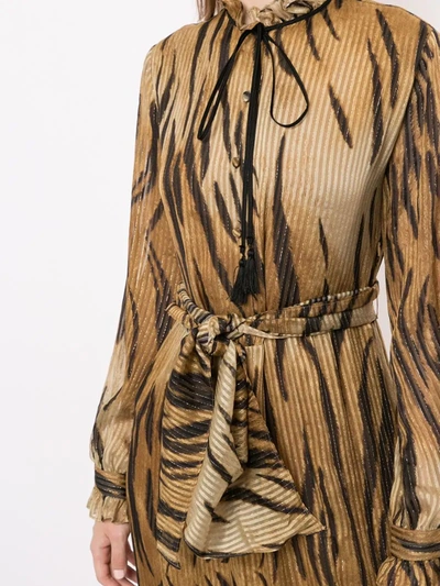 Shop Etro Tiger-pattern Belted Midi Dress In Metallic
