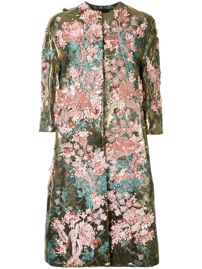 Biyan Embroidered Floral-brocade Coat In Gold