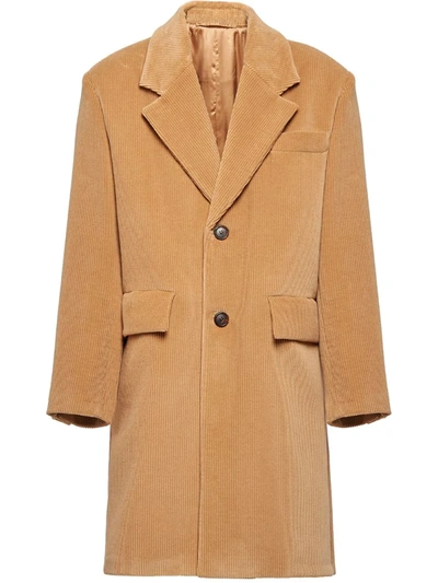 Shop Prada Single-breasted Corduroy Coat In Brown