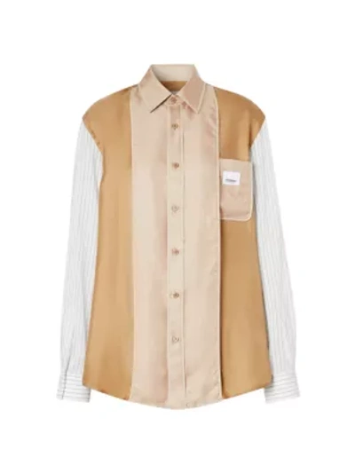 Shop Burberry Oversized Silk Panel Shirt In Camel