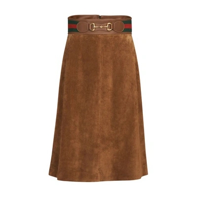 Shop Gucci Horsebit Skirt In Cigar/green/mix