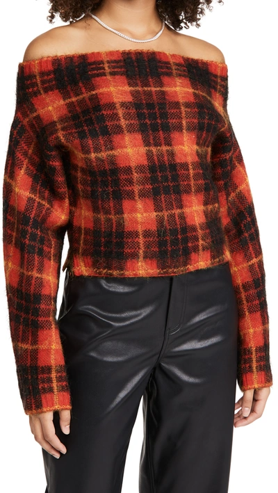 Shop Monse Plaid Off Shoulder Mohair Sweater In Scarlet Multi
