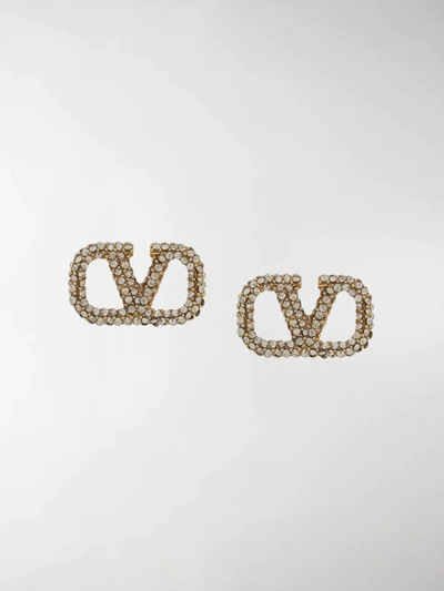 Shop Valentino Vlogo Signature Crystal-embellished Stud Earrings In Gold