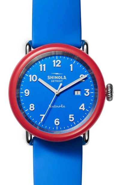 Shop Shinola Detrola Silicone Strap Watch, 43mm In Blue/ Red/ Silver