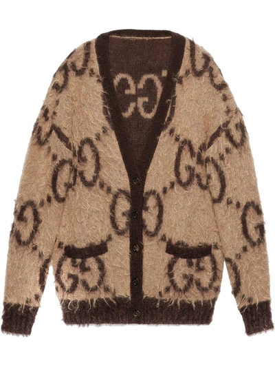 Gucci Reversible Gg Logo Jacquard Mohair Blend Cardigan In Brown