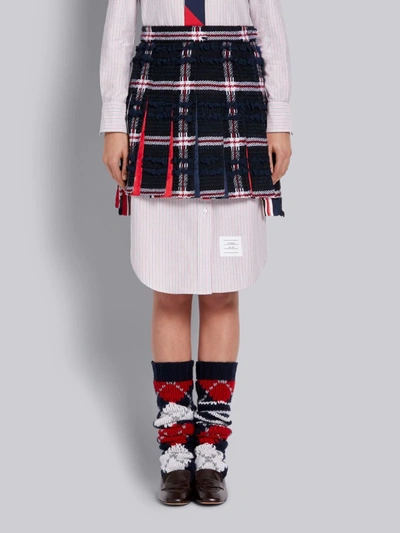 Shop Thom Browne Navy Prince Of Wales Overcheck Wool Flannel Ribbon Tweed Classic Mini Pleated Skirt In Blue