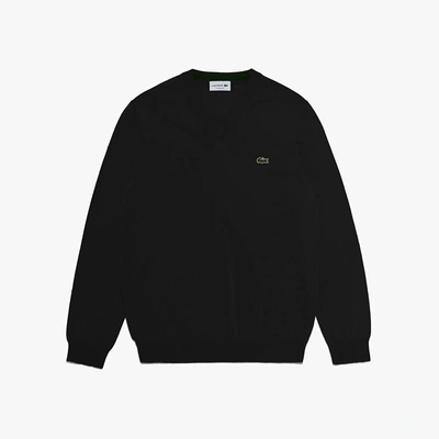 Shop Lacoste Monochrome Cotton V Neck Sweater - Xxl - 7 In Black