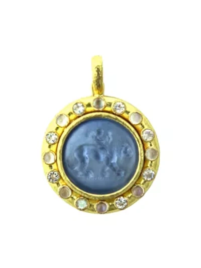 Shop Elizabeth Locke Venetian Glass Intaglio 19k Yellow Gold & Moonstone Cerulean 'cupid Riding Lion' Pendant