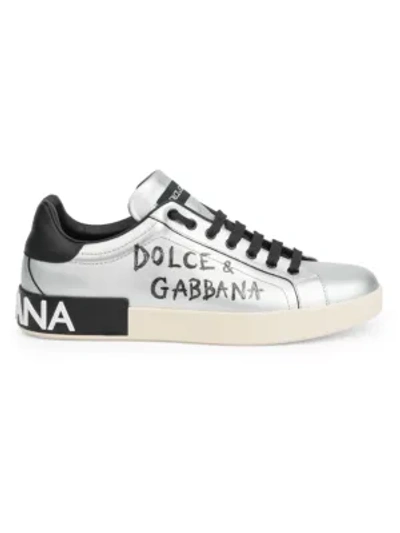 Shop Dolce & Gabbana Logo Metallic Leather Sneakers In Silver