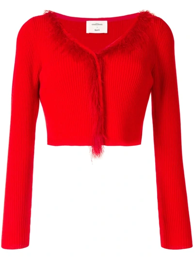 Shop Onefifteen Feather Trim Cropped Cardigan In Red