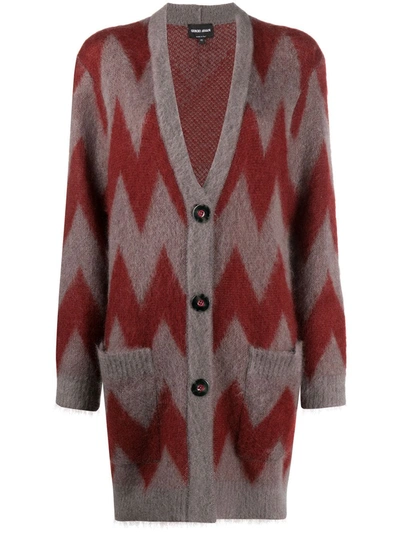 Shop Giorgio Armani Fantasia Chevron-jacquard Cardigan In Red